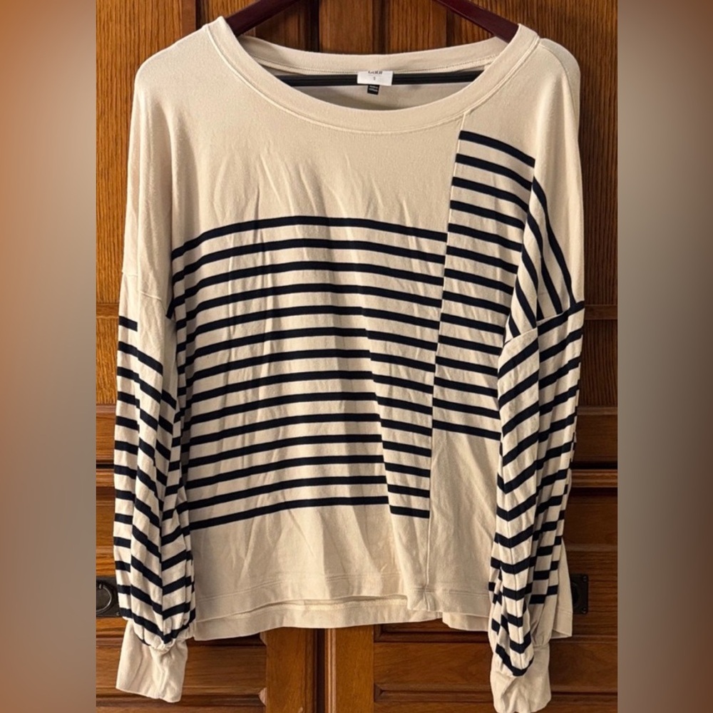 CAbi Box Stripe Cream Long Sleeve Tee Oversized Asymmetrical Casual #4237